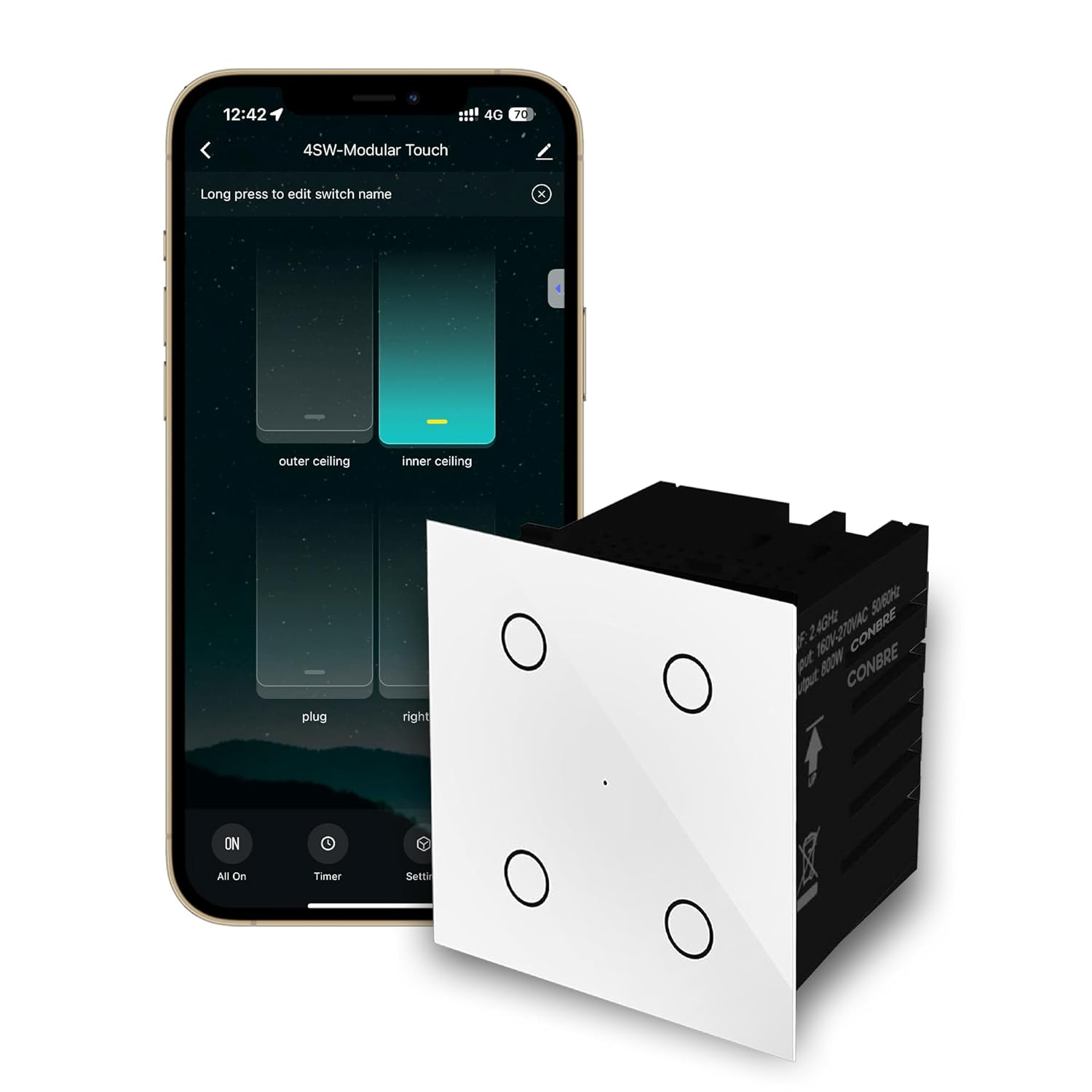 CONBRE SW4 Wi-Fi Smart Modular 4 Gang Touch Switch for Home automation, Energy Monitoring, Remote Control | Suitable for fans, lights & 10A socket | Works with Alexa, Google Assistance & Siri (White)