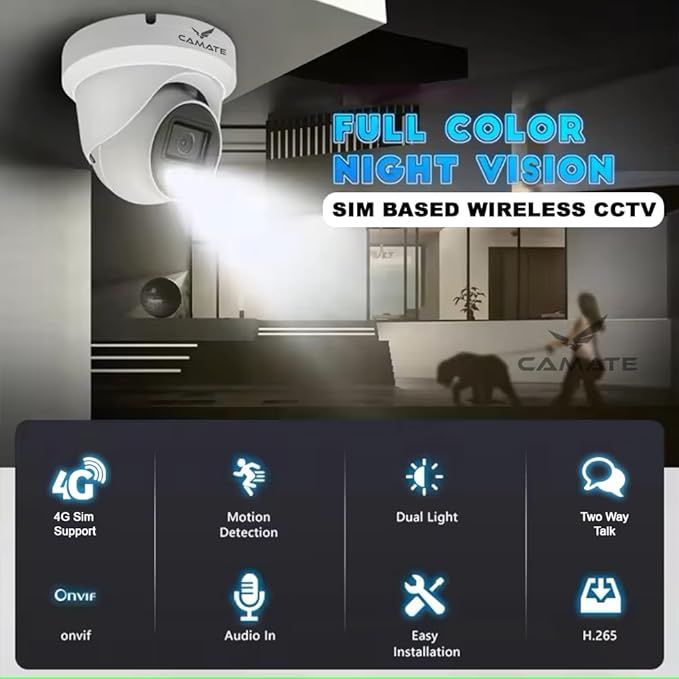 Camate Starlite 3MP 4G Sim Based Full HD Security CCTV Dome Camera for Farm or Construction Site | 2-Way Audio | Colored Night Vision | Motion Detection | Supports Upto 256GB Micro SD Card