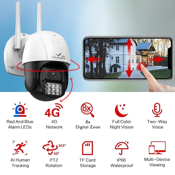 Camate Eclipse 4G Sim Based 3MP Wireless Outdoor Smart CCTV Camera, Pan & Tilt, Two-Way Talk, Colored Night Vision, Motion Detection & Tracking, Alarm, Upto 256GB Micro SD Support