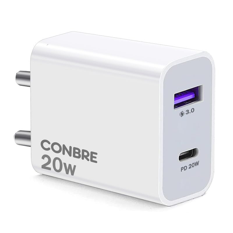 CONBRE Fast Charger 20W USB Type C/A Wall Charger with Double Wall Adapter | Fast Charge Adaptor for iPhone, Android & Other Type C Devices