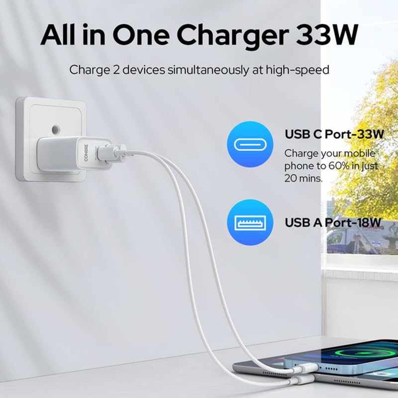 CONBRE 33W Dual Port Fast Charger QC/PD, 2 in 1 USB & Type C Fast Charger Adapter for iPhone, Samsung Galaxy/Note, Xiaomi and Other Android Devices