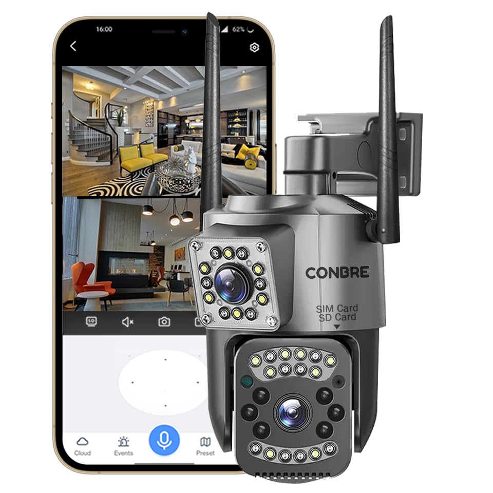Conbre Double 4G 3+3MP Dual Lens Full HD SIM Based Outdoor Wireless CCTV Camera | Colored Night Vision | Support Upto 128gb sd