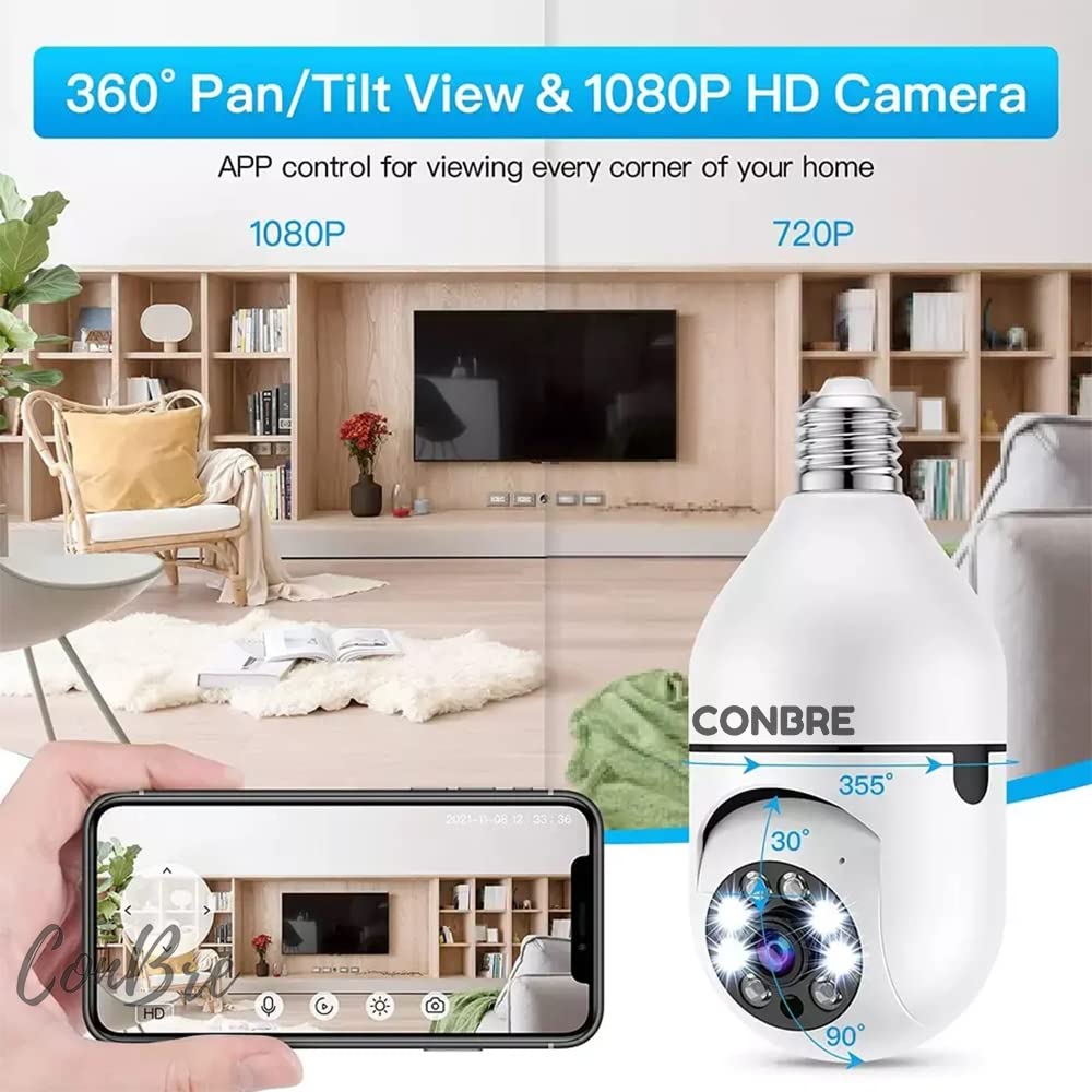 Conbre LightXR Full HD WiFi Light Indoor Wireless CCTV Camera | Two way communication | Colored Night Vision | Supports 128GB SD crad