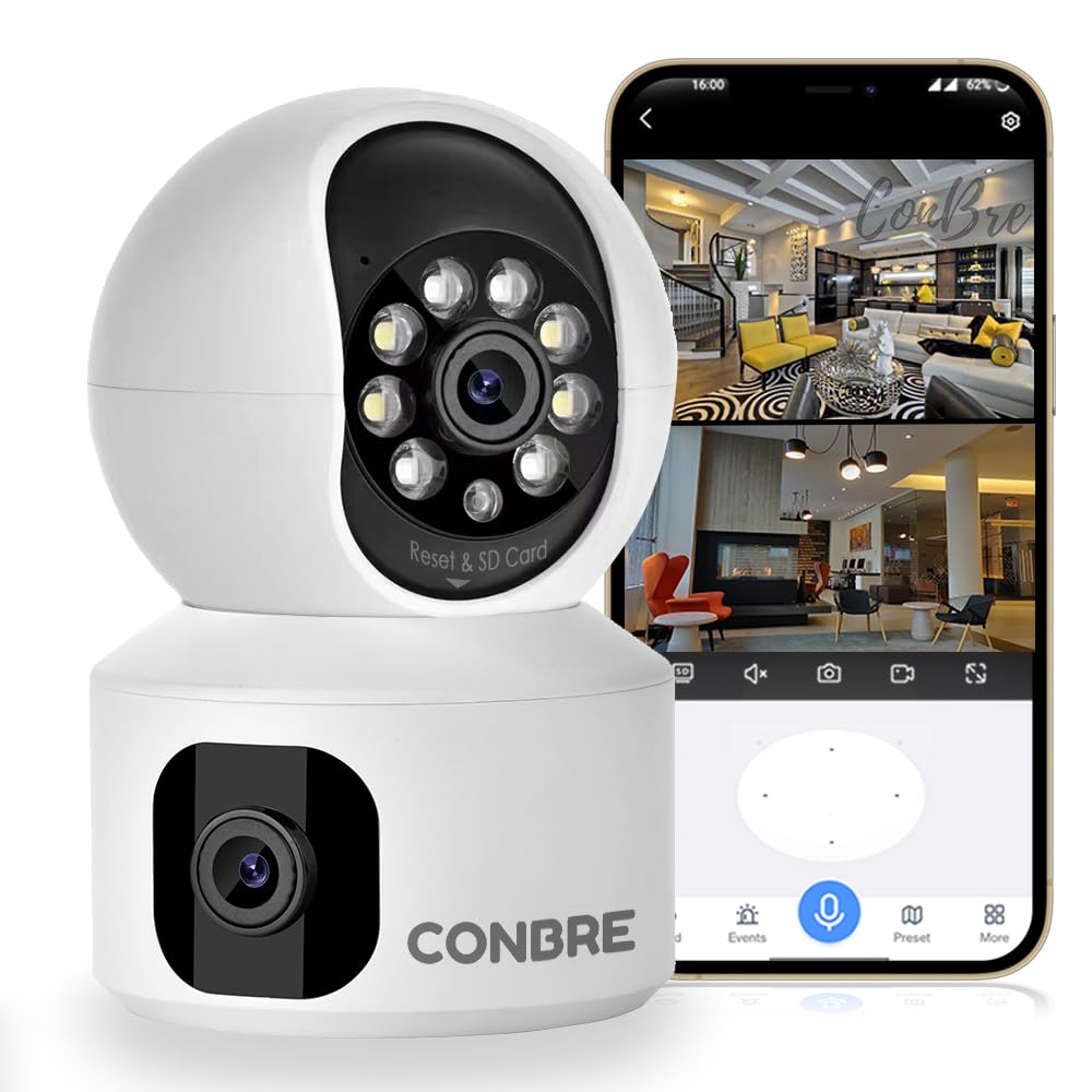 Conbre DuoXR 3MP Dual Lens Wireless WiFi Smart CCTV Camera | Ultra HD View | Double Side View | Two Way Talk | Motion Detection | Night Vision |Support Upto 128gb sd Card