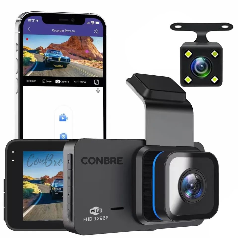 Conbre Blackbox Dash Camera Pro WiFi Dual Channel 1296P Front & 1080P Rear | Full HD 1080p | WiFi | Super Capacitor| Wide Angle | Emergency Recording | Easy DIY Set Up (Jet Black)