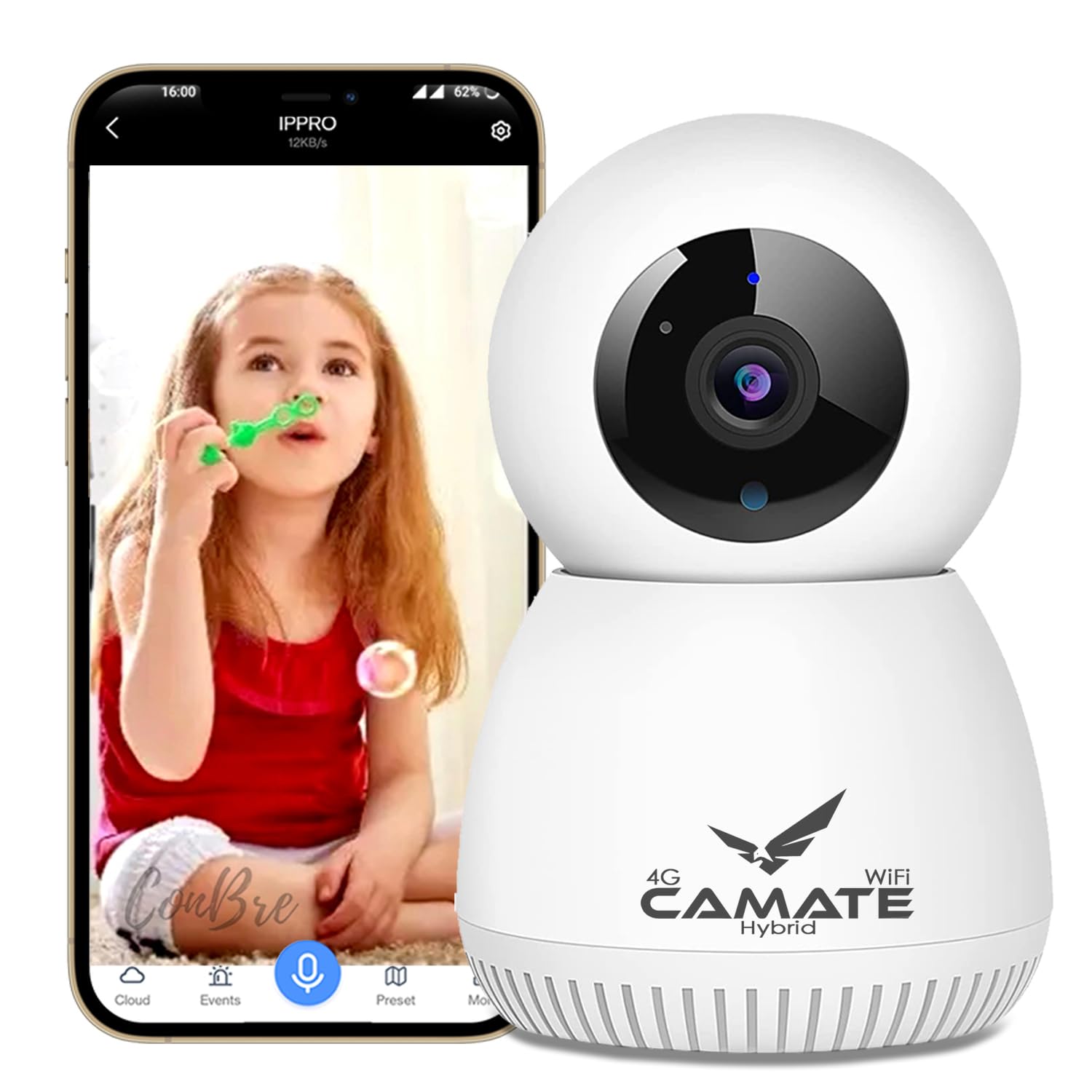 Camate Hybrid 4G Sim + Wi Fi Based 3MP Indoor CCTV Camera | Baby Monitoring Surveillance |  Motion Detection & Tracking | Support 256GB Micro SD Card