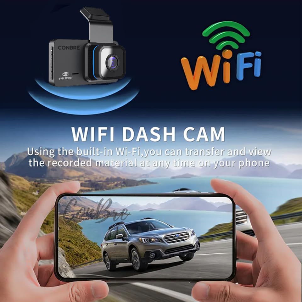 Conbre Blackbox Dash Camera Pro WiFi Dual Channel 1296P Front & 1080P Rear | Full HD 1080p | WiFi | Super Capacitor| Wide Angle | Emergency Recording | Easy DIY Set Up (Jet Black)