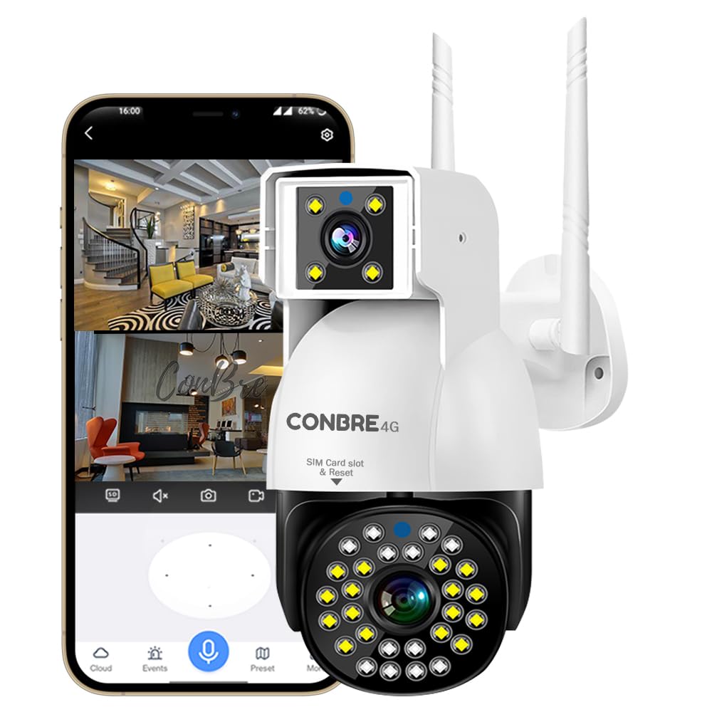 Conbre Double 4G 3+3MP Dual Lens Full HD SIM Based Outdoor Wireless CCTV Camera | Colored Night Vision | Support Upto 128gb sd