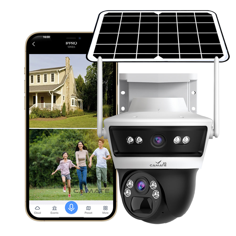 Camate Stellar Duo Solar 4G SIM 4+4Mp Pan & Tilt Zoom CCTV Camera, Outdoor Camera, Weatherproof, 2 Way Talk, Motion Detect, Supports SD Card Up to 256 GB, Colored Night Vision