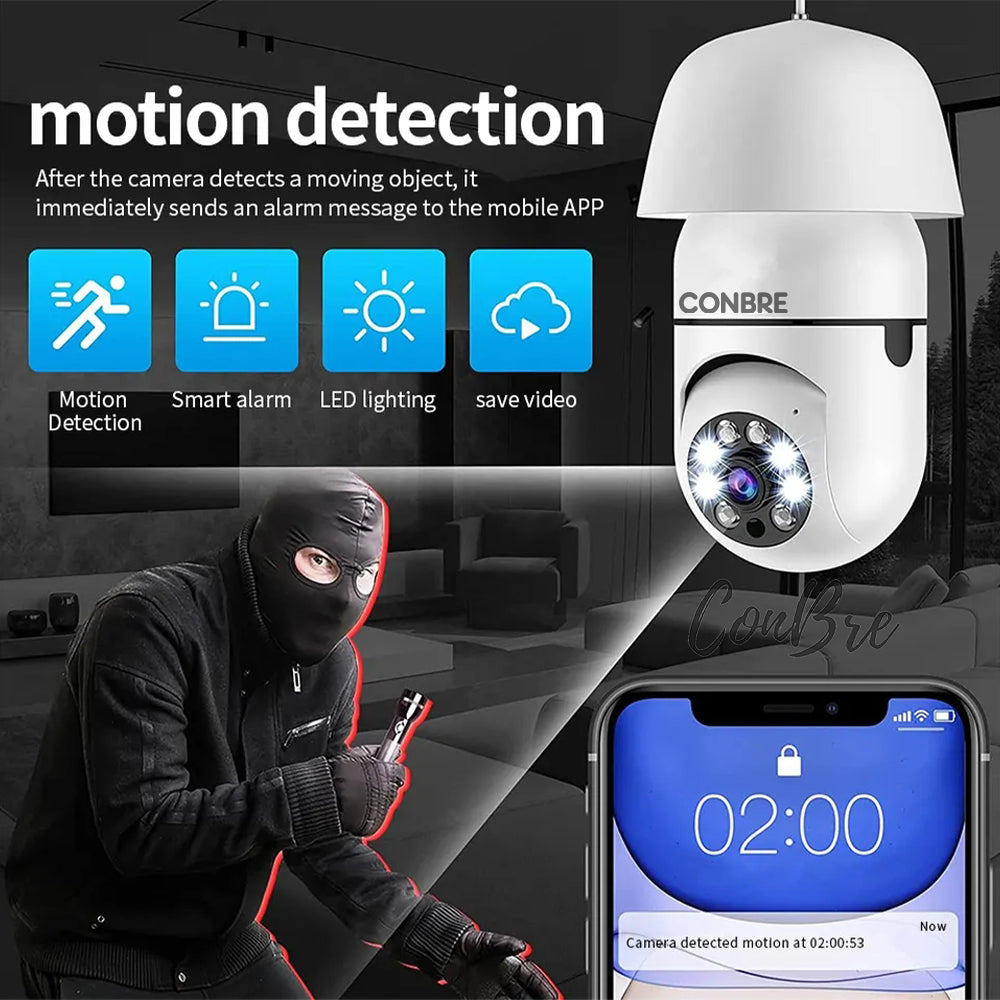 Conbre BulbXR 2MP Full HD Indoor Wireless WiFi CCTV Security Camera Motion Tracking Two Way Talk Colored Night Vision Support Upto 128GB SD