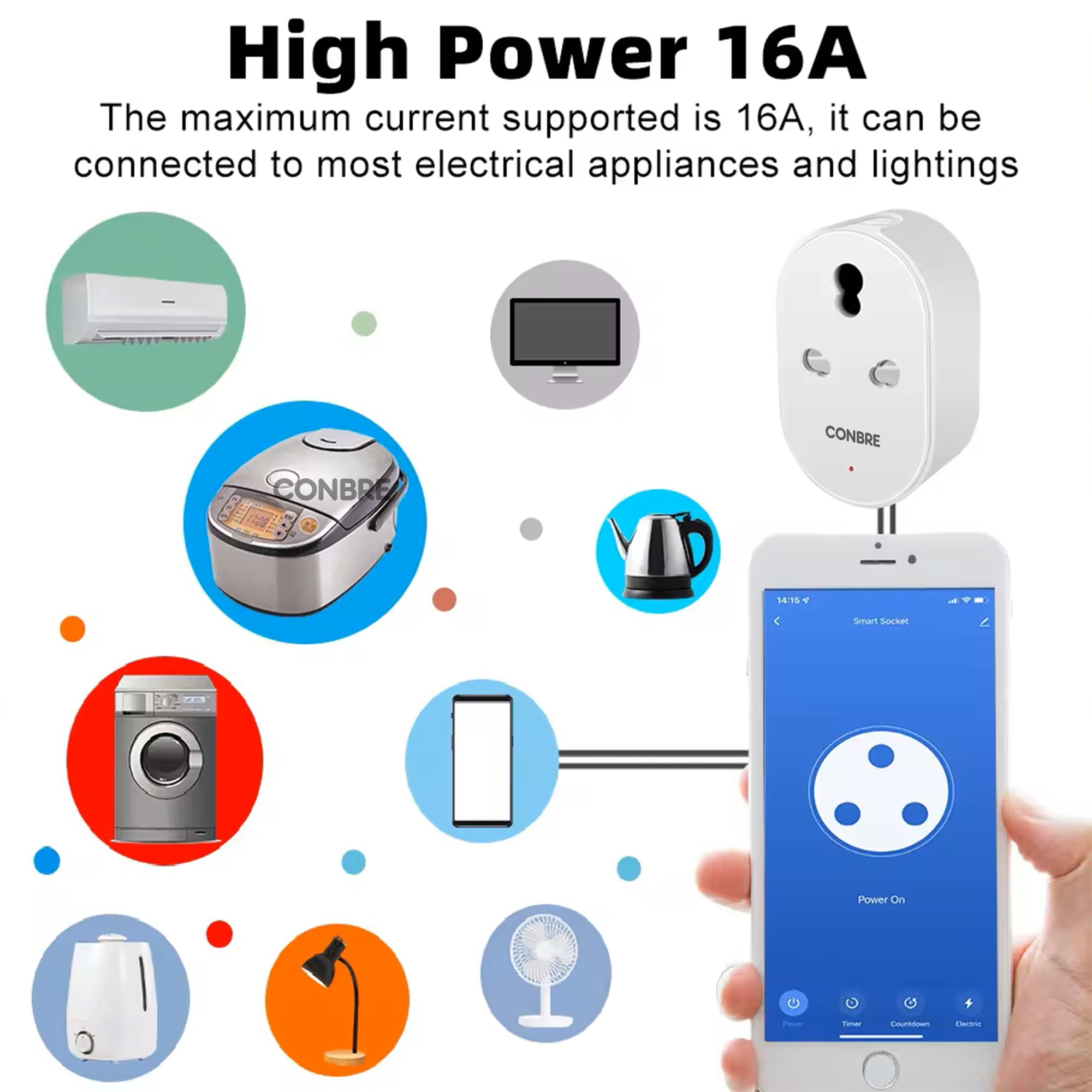 Conbre 16A Wifi+BT Smart Plug for automation, Energy Monitoring | Suitable for power appliances like ACs, Geysers & Water Pumps (Amazon Alexa & Siri)