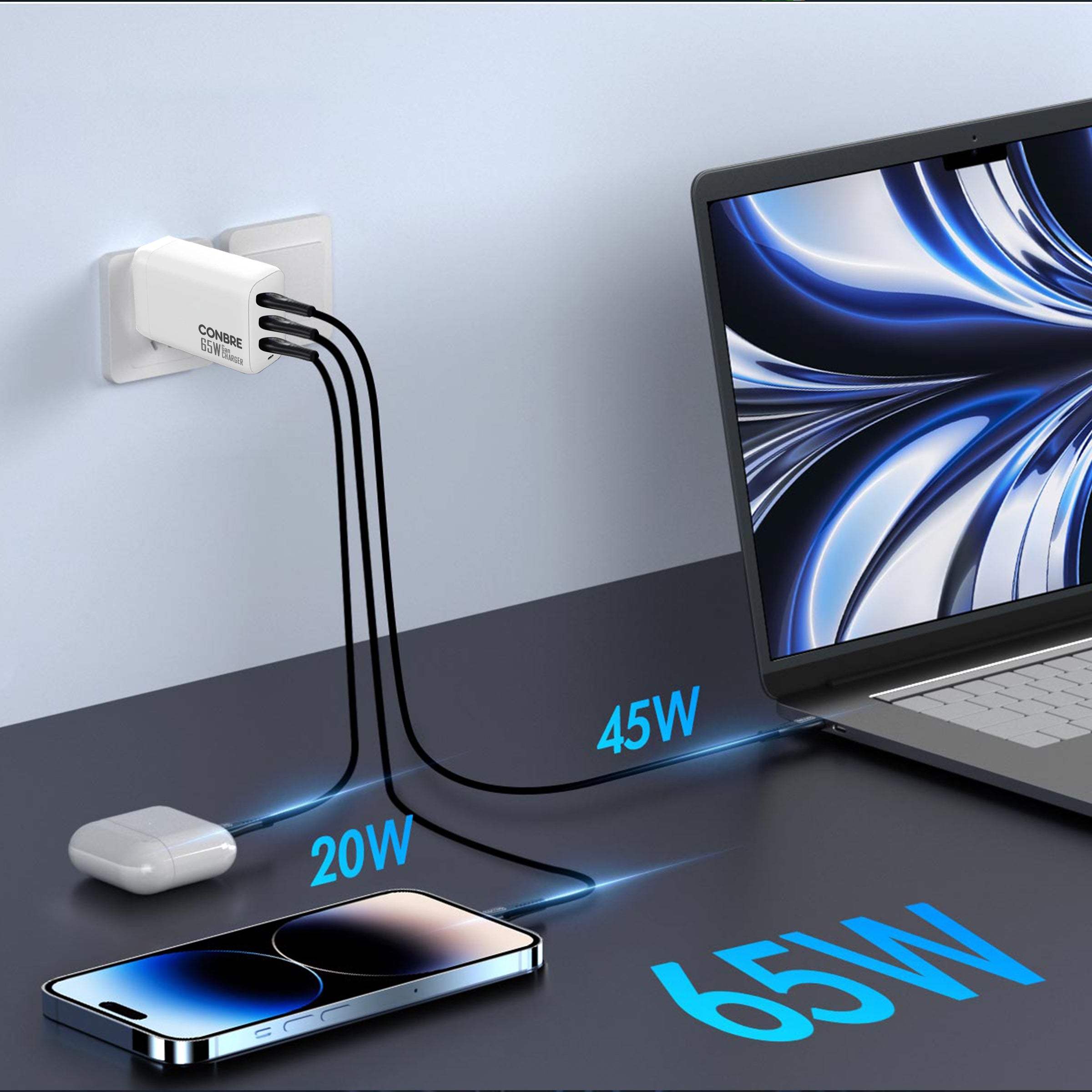 CONBRE 65W USB Type C/A Wall Charger GaN Technology Fast Charging with Triple Port for Laptop, MacBook Pro/Air, iPhone & all Android Devices